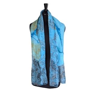 Rossini Fairy Blue Paisley Scarf Sheer Felted Art To Wear Bohemian Wrap